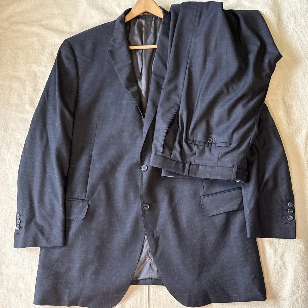 Peter Millar Crown Crafted Custom Men's Suit 44L Pants 40x31 Navy Wool Plaid